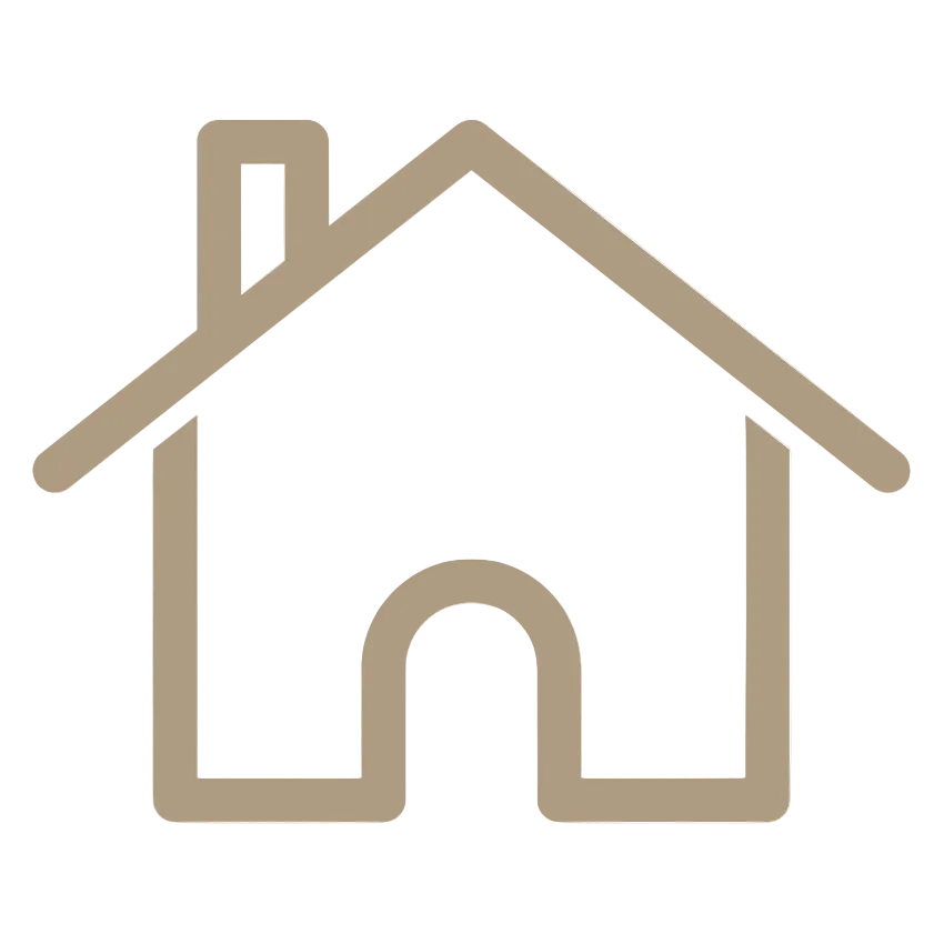 A minimalist brown line icon of a house centered on a plain white background.