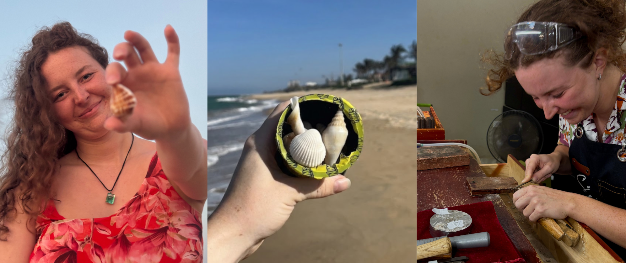 A three-panel collage showing a woman outdoors at the beach holding a small seashell, another hand holding a rubbish cereal plastic pot with seashells inside, and the same woman working at a jewellery making table with tools.