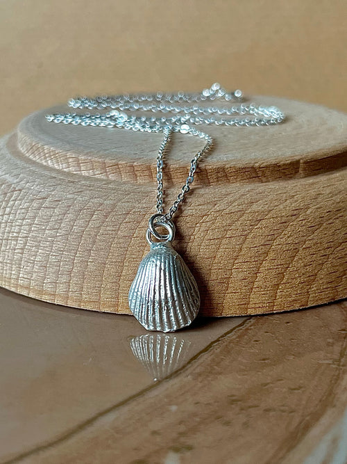 A silver shell pendant necklace resting on a round wooden block, with its chain draped behind it. The pendant has a textured, ribbed shell design.