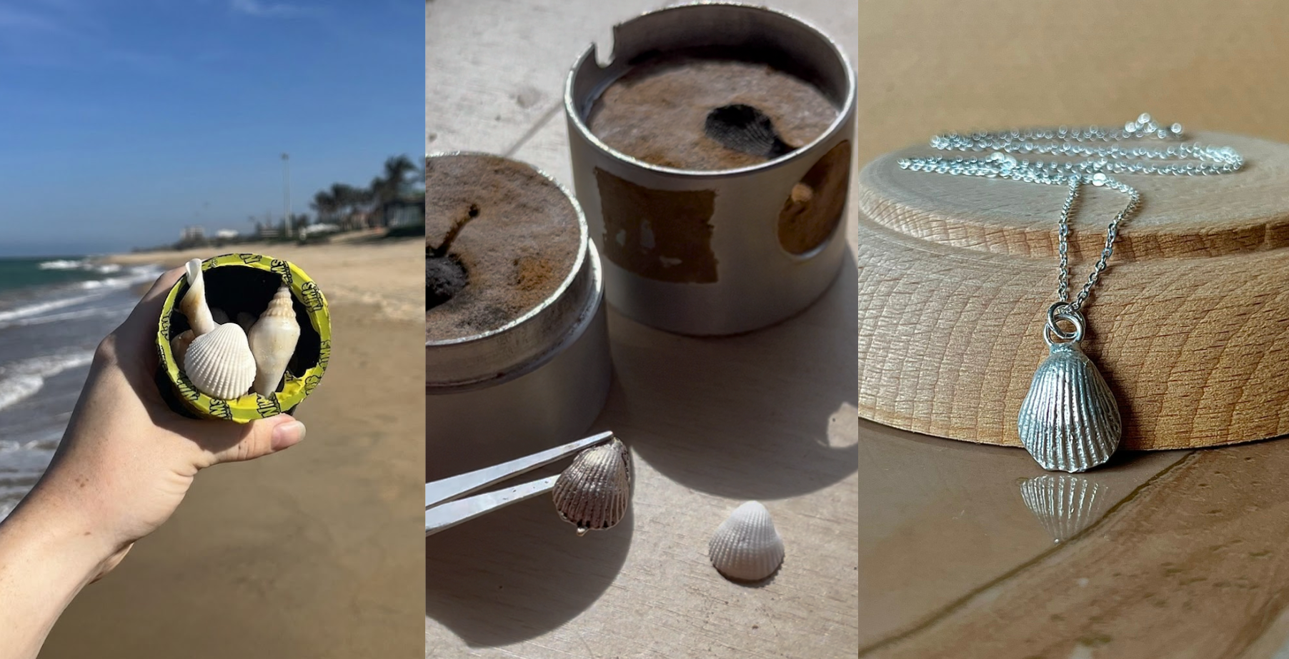A three-panel collage showcasing seashell jewellery. The left panel shows a hand holding a container of shells on the beach. The middle panel shows sand casting of a shell and the silver shell produced. The right panel shows a handcrafted sterling silver seashell necklace displayed on a silver chain.