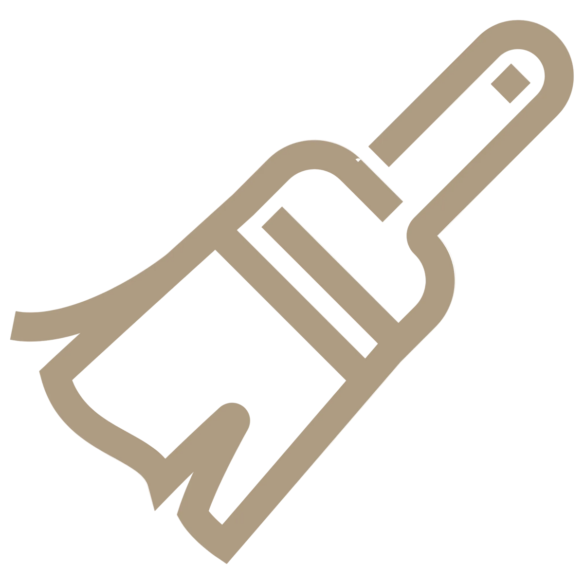 A minimalist line-art icon of a paintbrush in a warm taupe-brown color on a solid white background.
